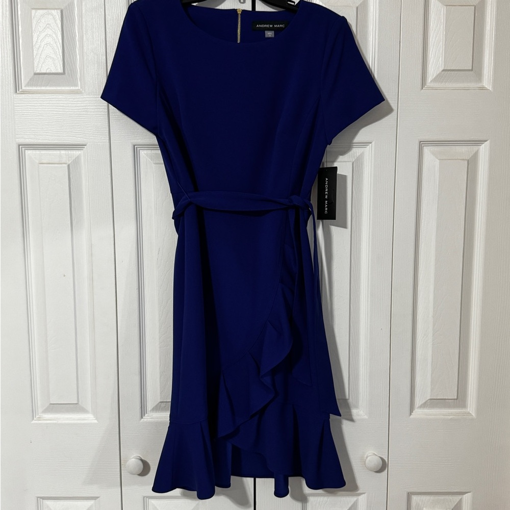 Andrew Marc Blue Ruffled Wrap Mini Dress Size 12 NWT